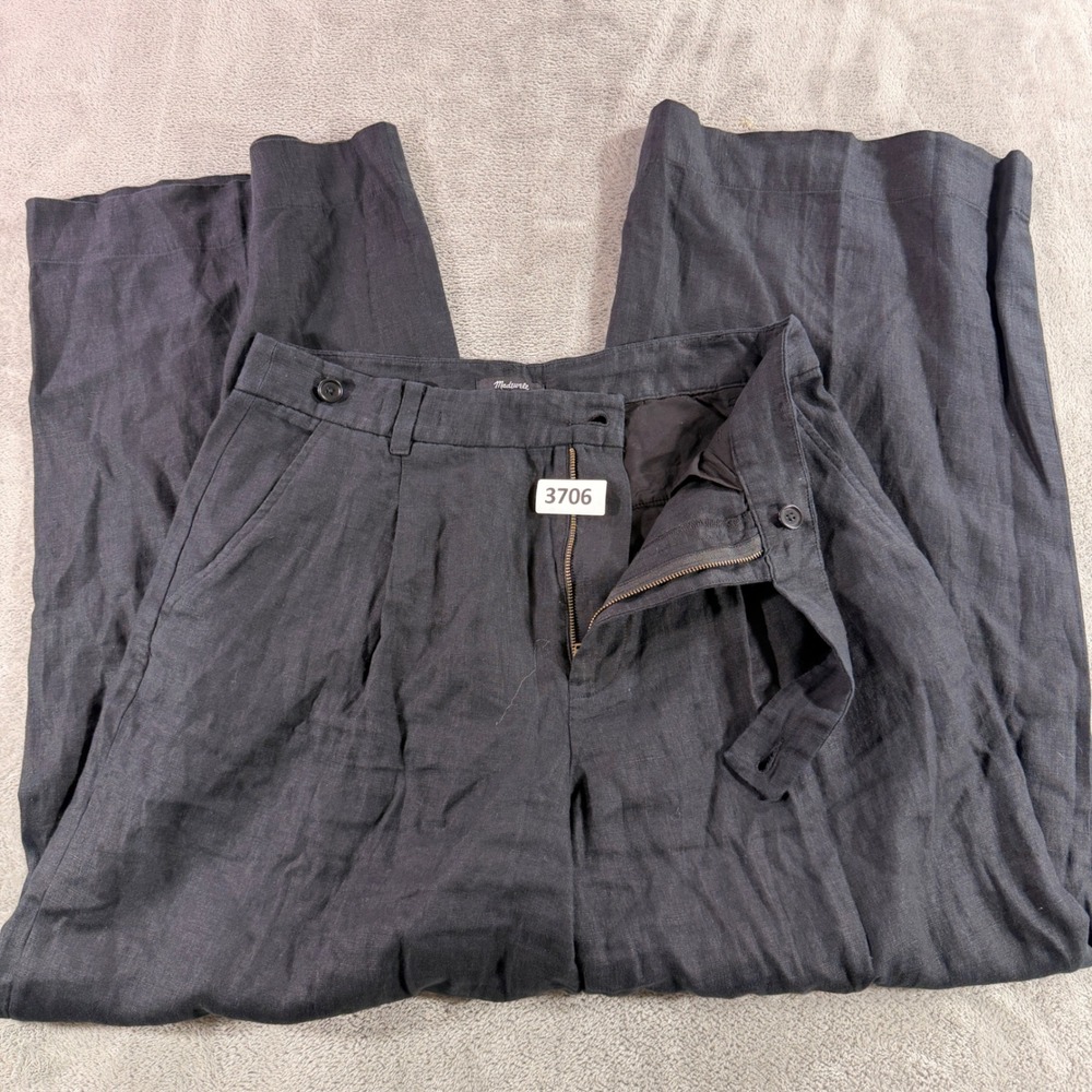Madewell Harlow Wide-Leg Pant Womens 12 Black 100% Linen Pleated NJ996 High Rise